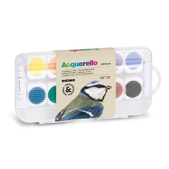 Akvarelové barvy PRIMO, Ø 30mm, 12ks, 2x běloba, štětec