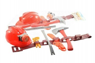 Nářadí hasič plast 7ks s opaskem a přilbou se světlem na baterie v síťce 64x10x30cm