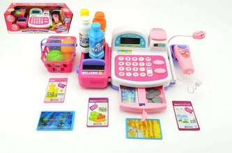 Pokladna digitální s mikrofonem plast 33cm s doplňky na baterie se zvukem se světlem v krabici