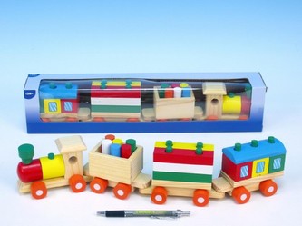 Vlak + 3 vagóny dřevo 42x8x9,5cm v krabičce