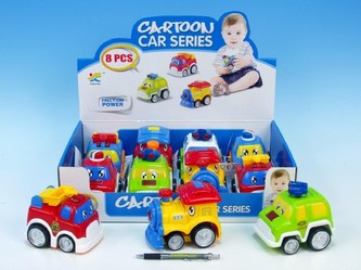 Vozidla plast veselá 13cm na setrvačník 4 druhy  od 18 měsíců