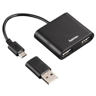 HAMA USB HUB/ 2 porty/ USB 2.0/ zástrčka micro B - zásuvka A/ podpora OTG/ černý/ 20cm
