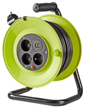 NEDIS kabelový buben/ 3x 1,5 mm2/ 3x zásuvka/ tepelná elektrická pojistka/ Typ E/ USB/ zeleno-černá/ 25 m