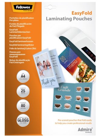 FELLOWES laminovací fólie/ formát A4/ 80 mic/ s rýhou uprostřed pro snadné složení/ lesklé/ 25 pack
