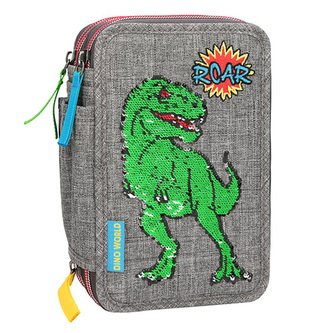 Penál s výbavou Dino World T-Rex s měnícími flitry, třípatrový, šedý