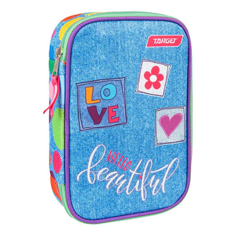 Školní penál s náplní Target Barvné puntíky, jednopatrový, růžovo-modrý