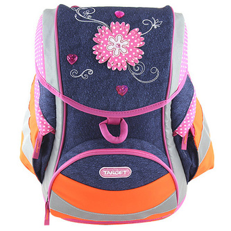 Školní aktovka Target Jeans, růžový květ - reflexní, modrá