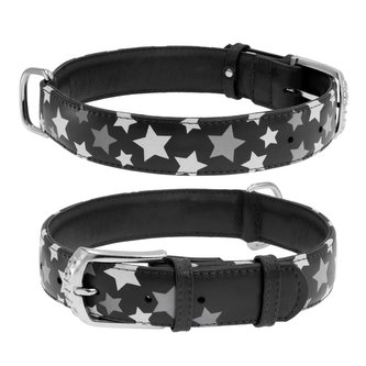 Obojek kožený Waudog Stars černý (38-49cm/2,5cm)