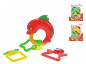 Chrastítko/kousátko delfín plast s kroužky 3 barvy 3m+ v krabičce - 1 kus