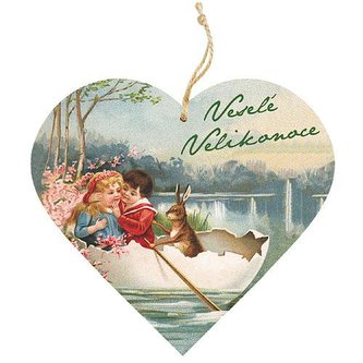 Bohemia Gifts Dekorativní dřevěné srdce 13 cm Velikonoce - děti