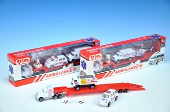 Sada ambulance tahač kov 28cm + 2 auta s doplňky asst 4 druhy v krabičce
