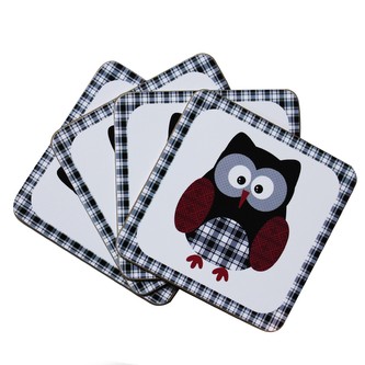 Podtácek MDF 10*10 cm, sova černá, sada 4 ks