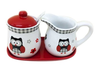 Home Elements Cukřenka a mléčenka s podtáckem, porcelán, Černá sova