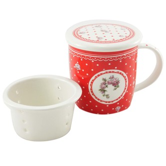 Home Elements porcelánový hrnek Elegant red se sítkem a víkem 390 ml - bílé tečky