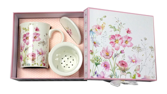 Porcelánový hrnek se sítkem a víčkem – Růžové květiny
