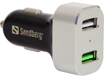 Sandberg USB nabíječka do auta, 1xQC 3.0 + 1xUSB2.4A, černobílá