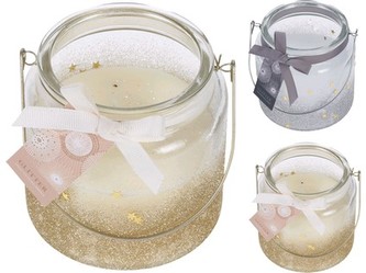 svíčka sklo 10x10cm s kov.madlem ZLA/STŘ