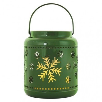 LED dekorace – lucerna s vločkami kovová zelená, 14 cm, 3x AAA, vnitřní, vintage