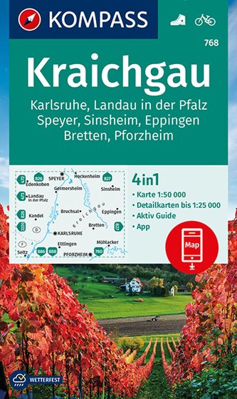 KOMPASS Wanderkarte Kraichgau, Karlsruhe, Landau i. d. Pfalz, Speyer, Sinsheim, Eppingen, Bretten, Pforzheim, 768, 1:50 000  LZ