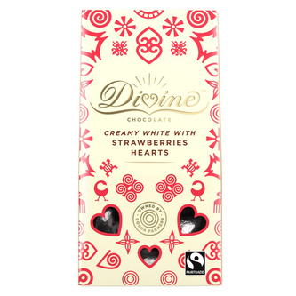 Bílá čokoládová srdíčka se sušenými jahodami a vanilkou 25% 80g