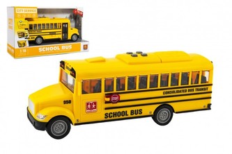 Autobus školní plast 27cm na setrvačník na baterie se světlem se zvukem v krabici 32x19x12cm