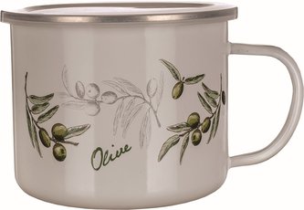 Hrnek smaltovaný OLIVES 1,4 l s plastovým víčkem