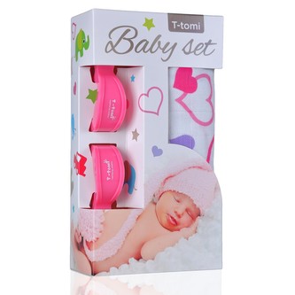 Baby set - bambusová osuška hearts / srdíčka + kočárkový kolíček pink / růžová