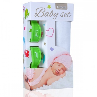 Baby set - bambusová osuška white / bílá + kočárkový kolíček green / zelená