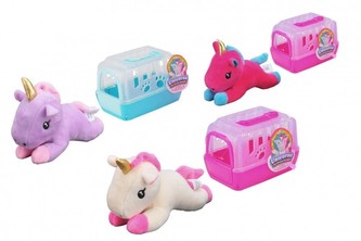Jednorožec 13cm v přepravním boxu plast/plyš 9x15cm 3 barvy 12 ks v boxu