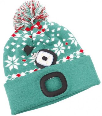 Čepice s čelovkou LED vánoční zelená s bambulí (USB nabí