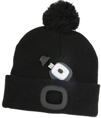 Čepice s čelovkou LED černá s bambulí (USB nabíjení)