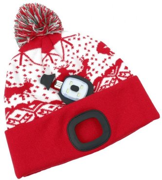Čepice s čelovkou LED vánoční červená s bambulí (USB nab