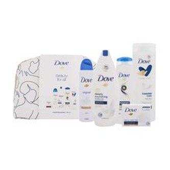 Dove Beauty For All antiperspirant Original 150 ml + sprchový gel Deeply Nourishing 250 ml + tělové mléko Rich Care 250 ml + šampon Intensive Repair 250 ml + tuhé mýdlo Beauty Cream 100 g + kosmetická taštička