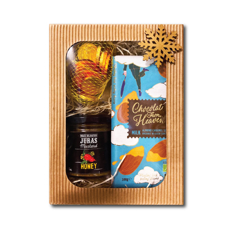 Dárkový balíček mléčná čokoláda s mandlemi a solí, čokoládové mince a medová horčiče