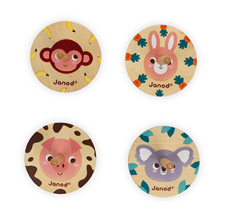 DISPLEJ Motorická hračka dřevěný káča 4 motivy Janod 20 ks od 3 let
