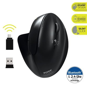 PORT CONNECT ERGONOMIC RECHARGEABLE bezdrátová ergonomická myš, 2,4 Ghz & Bluetooth®, USB-A/C, černá