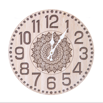 Hodiny nástěnné dřevo mandala béžové pr. 34 cm