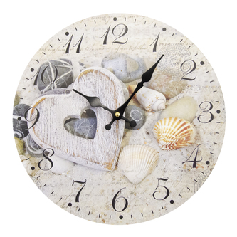 Hodiny nástěnné dřevo srdce na pláži pr. 34 cm