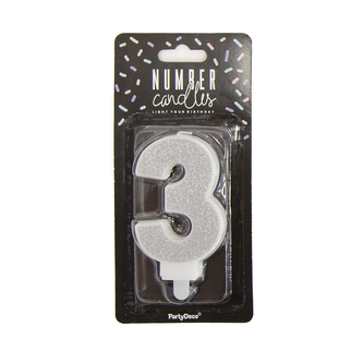 Svíčka dortová číslo 3 stříbrná 7 cm