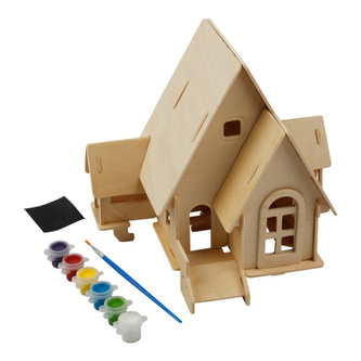 RoboTime Dřevěná skládačka Lesní chatka + barvy a štětec
