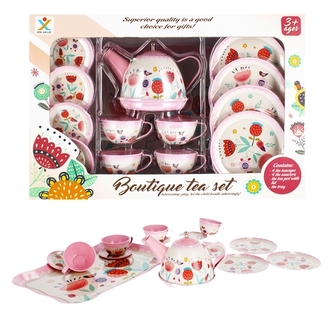 Kovová čajová souprava s talířky, džbánem a podnosem