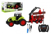 Traktor RC s vlekem na dřevo plast 38cm 27MHz + dobíjecí pack na baterie v krabici 45x18x13cm