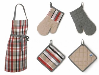 Sada kuchyňského textilu TABEA 3 ks 100% bavlna, dekor kostka, červená / béžová / šedá