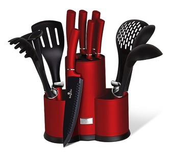 Sada nožů a kuchyňského náčiní ve stojanu 12 ks Burgundy Metallic Line BERLINGERHAUS BH-6248