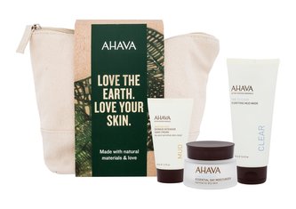 AHAVA Naturally Beautifully Hydrated denní pleťový krém Time To Hydrate Essential Day Moisturizer 50 ml + pleťová maska Time To Clear Purifying Mud Mask 100 ml + krém na ruce Deadsea Mud Dermud Intensive Hand Cream 40 ml + kosmetická taštička