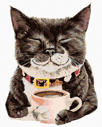 Malování podle čísel - KOČKA A KÁVA (HOLLY SIMENTAL) - 80x100 cm, bez rámu a bez vypnutí plátna