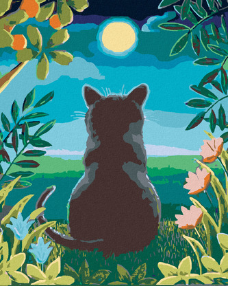 Malování podle čísel - KOČKA A MĚSÍC - 80x100 cm, vypnuté plátno na rám