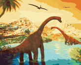 Malování podle čísel - KRÁSNÁ KRAJINA S DINOSAURY - 80x100 cm, bez rámu a bez vypnutí plátna