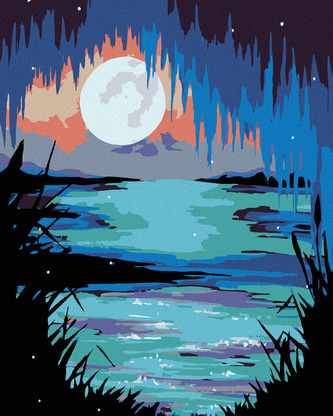 Malování podle čísel - MĚSÍC NAD JEZEREM - 80x100 cm, bez rámu a bez vypnutí plátna