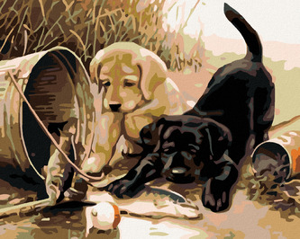 Malování podle čísel - ŠTĚŇATA S RYBOU - 80x100 cm, bez rámu a bez vypnutí plátna